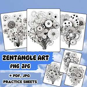 Może przedstawiać: Zestaw sześciu czarno-białych obrazów Zentangle, przedstawiających skomplikowane wzory i projekty. Obrazy są oznaczone jako "Zentangle Art PNG JPG + PDF, JPG PRACTICE SHEETS".