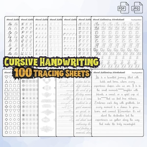 May include: A set of 100 cursive handwriting tracing sheets for practising cursive letters and shapes. The sheets are black and white and feature a variety of cursive letters, shapes, and patterns.