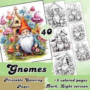 Cute Gnome Coloring Pages – 40 Garden Gnomes, Floral Gnomes, Dark & Light Versions, 5 Bonus Colored Pages