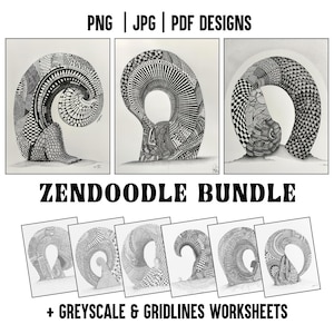 May include: A selection of grayscale zendoodle art prints. The prints showcase abstract, curved forms with detailed patterns and textures. The image includes the text "PNG | JPG | PDF DESIGNS", "ZENDOODLE BUNDLE", and "+ GREYSCALE & GRIDLINES WORKSHEETS".