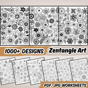 Op de afbeelding: Zwart-witte Zentangle-kunstontwerpen met bloemmotieven. Meer dan 1000 ontwerpen zijn inbegrepen in PDF- en JPG-formaat. Deze afdrukbare werkbladen zijn perfect om in te kleuren, te krabbelen en te ontspannen.