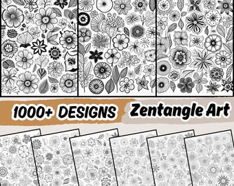 May include: Black and white Zentangle art designs featuring floral patterns. 1000+ designs are included in PDF and JPG format.  These printable worksheets are perfect for coloring, doodling, and relaxation.