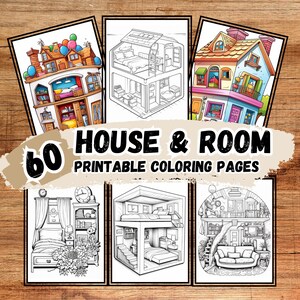 May include: A set of 60 printable colouring pages featuring houses and rooms. The pages include detailed drawings of houses, bedrooms, living rooms, and other rooms. The colouring pages are perfect for kids and adults who enjoy colouring.