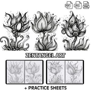 May include: Black and white Zentangle art print of a stylised flower with intricate details. The image is labelled "Zentangle Art" and includes two practice sheets for drawing.