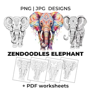 May include: Digital design featuring three detailed elephant illustrations. One is in full color with a vibrant rainbow palette, while the others are black and white line art. The image includes the text "PNG | JPG DESIGNS" and "ZENDOODLES ELEPHANT".
