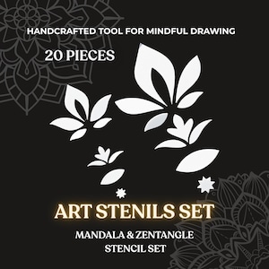 May include: A black background with white floral stencils and text. The text reads "HANDCRAFTED TOOL FOR MINDFUL DRAWING", "20 PIECES", "ART STENILS SET", and "MANDALA & ZENTANGLE STENCIL SET". The stencils are in the shape of leaves and stars.