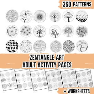 Può includere: Una collezione di pagine di attività per adulti di arte Zentangle. L'immagine mostra vari modelli circolari e disegni di alberi in bianco e nero. Il testo recita "360 Patterns" e "Zentangle Art Adult Activity Pages + Worksheets."