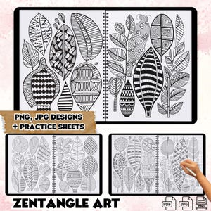 May include: A black and white Zentangle art design featuring leaves and geometric patterns. The image includes two pages of designs and two pages of practice sheets. The text "PNG, JPG DESIGNS + PRACTICE SHEETS" and "ZENTANGLE ART" are included in the image.