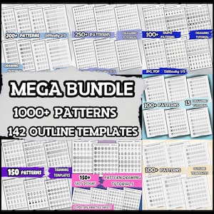 Könnte beinhalten: Eine Sammlung druckbarer Muster-Zeichenanleitungen und -Vorlagen. Das Bild zeigt mehrere Blätter mit verschiedenen Mustern, darunter geometrische Formen und Designs. Der Text auf dem Bild enthält "MEGA BUNDLE", "1000+ PATTERNS" und "142 OUTLINE TEMPLATES".