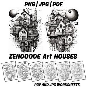 Zentangle House Patterns for Adults | Printable Drawing Sheets | Zendoodle Greyscale, PNG, JPG, PDF Worksheets