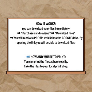 May include: A white board with black text explaining how to download and print files. The text says "HOW IT WORKS: You can download your files immediately. "Purchases and reviews" "Download Files" You will receive a PDF file with link to the GOOGLE drive. By opening the link you will be able to download files. HOW AND WHERE TO PRINT: You can print the files at home easily. Take the files to your local print shop."