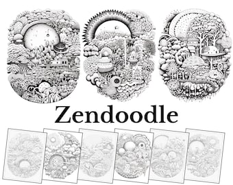 Zendoodle Fantasy Landscapes | Zentangle Practice Sheets | Mindful Art Therapy Bundle (PDF, JPG, PNG)