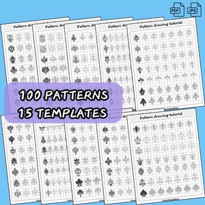 May include: Several pattern drawing tutorials are displayed. The image shows multiple sheets with various black and white patterns, including floral and geometric designs. The text on the image reads "100 PATTERNS 15 TEMPLATES".
