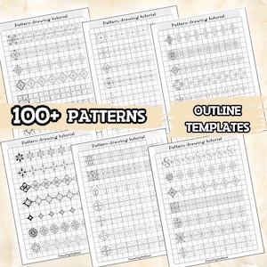 May include: Six black and white printable pages with grid patterns for drawing. Each page has the text "Pattern drawing tutorial" at the top and includes a variety of geometric shapes and designs. The text "100+ PATTERNS" and "OUTLINE TEMPLATES" is displayed in the centre of the image.
