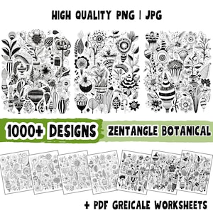 May include: Black and white digital illustrations of botanical designs. Over 1000+ designs. Zentangle Botanical.  + PDF Greyscale Worksheets.