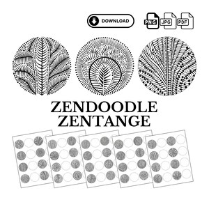 May include: Black and white Zendoodle Zentangle designs. The image features three circular patterns with intricate botanical-inspired details, along with several sheets of smaller, repeating patterns. The word "DOWNLOAD" is above the image.