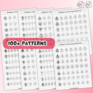 Puede incluir: Un conjunto de tutoriales de dibujo de patrones. La imagen muestra varias hojas con diversos diseños de patrones en blanco y negro, incluyendo formas florales y geométricas, con el texto "100+ PATTERNS". Las hojas están sobre un fondo de cuadrícula.