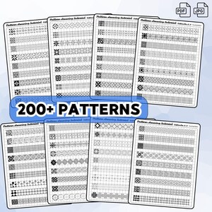 May include: A collection of pattern drawing tutorials, each featuring a variety of geometric designs. The image showcases multiple sheets with diverse patterns, including lines, squares, and floral motifs. The text "200+ PATTERNS" is prominently displayed.