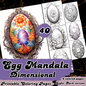Peut inclure: 40 pages de coloriage imprimables de mandalas en forme d'œuf. Les pages présentent des motifs complexes avec des motifs floraux et des formes géométriques. L'image montre un exemple coloré d'un mandala terminé.