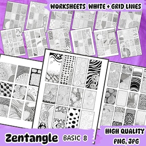 May include: A set of 8 black and white Zentangle worksheets with grid lines. The worksheets feature various patterns and designs for colouring and doodling. The title "Zentangle Basic 8" is at the bottom of the page. The text "WORKSHEETS WHITE + GRID LINES" and "HIGH QUALITY PNG, JPG" are at the top of the page.