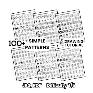 May include: A set of grayscale pattern drawing tutorials. The tutorials showcase various simple patterns, including geometric shapes and floral designs. Text on the image reads "100+ Simple Patterns" and "Drawing Tutorial". The difficulty level is 1/5.