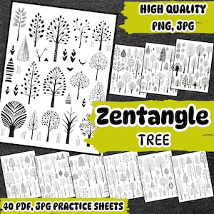 May include: Black and white Zentangle tree designs on practice sheets. The image includes various tree illustrations, along with the text "Zentangle TREE" and "HIGH QUALITY PNG, JPG". Also included is the text "40 PDF, JPG PRACTICE SHEETS".