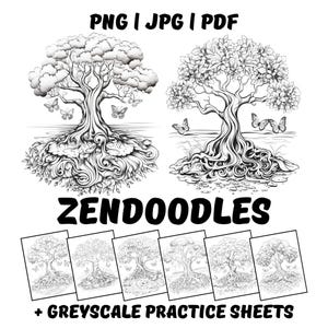 Pacchetto di disegni Zendoodle sulla natura / Arteterapia a tema albero per adulti / Fogli di pratica digitale PDF JPG PNG / Pagine in scala di grigi e da ricalco