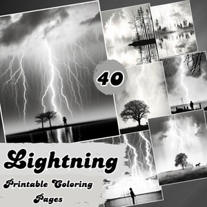 May include: A collection of 40 black and white printable coloring pages featuring dramatic lightning storms and serene landscapes. The title "Lightning Printable Coloring Pages" is displayed in a stylized font.