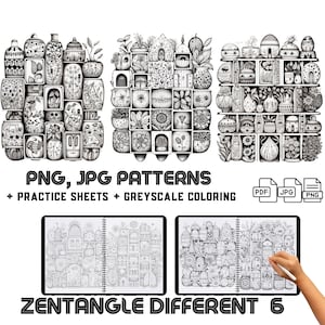 May include: Three black and white Zentangle patterns, each with a different design. The patterns are made up of geometric shapes and lines. The patterns are labeled "PNG, JPG PATTERNS + PRACTICE SHEETS + GREYSCALE COLORING".