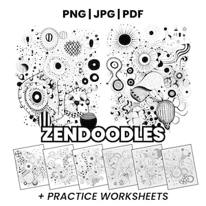 May include: Black and white Zendoodle art printables featuring complex patterns and shapes. The image includes the text "PNG | JPG | PDF", "ZENDOOODLES", and "+ PRACTICE WORKSHEETS". Several practice worksheets are also shown.