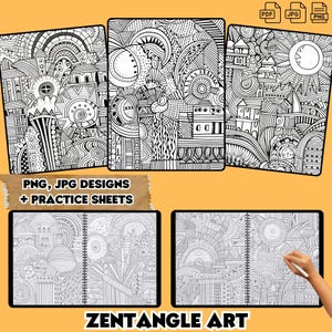 May include: A set of three black and white Zentangle art designs, featuring intricate patterns and geometric shapes. The designs are perfect for coloring, doodling, and practicing Zentangle art.