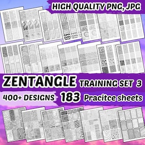 Pode incluir: Um conjunto de 183 folhas de prática de Zentangle imprimíveis com mais de 400 desenhos. As folhas são em preto e branco e apresentam uma variedade de padrões.