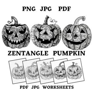 Op de afbeelding: Zwart-wit Zentangle pompoen illustraties met ingewikkelde patronen en uitgesneden gezichten. De afbeelding bevat de tekst "PNG JPG PDF" en "Zentangle Pumpkin" samen met PDF, JPG werkbladen.