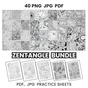 May include: A black and white Zentangle bundle with 40 PNG, JPG, and PDF files. The image features a grid of intricate patterns and five framed practice sheets. Text includes "Zentangle Bundle" and file type information.