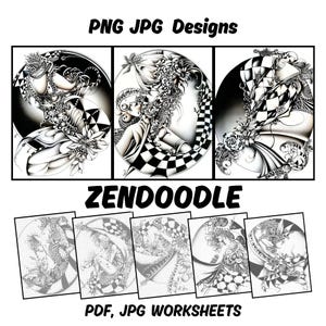 May include: Black and white Zendoodle designs in PNG and JPG formats. The image features three circular illustrations with intricate patterns and a checkerboard design. Below are five smaller images of the same style. The text "Zendoodle" and "PDF, JPG Worksheets" are also present.
