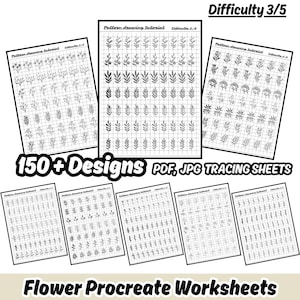 May include: A set of printable flower drawing worksheets for Procreate. The worksheets feature 150+ designs with varying levels of difficulty. The designs are on a grid and are labeled "Pattern drawing tutorial" and "Difficulty 3/5".