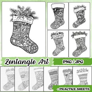 Páginas para colorear de medias navideñas para adultos en zentangle, tarjetas prediseñadas para manualidades con álbumes de recortes, imágenes navideñas para adornos, Tangle, Zendoodle