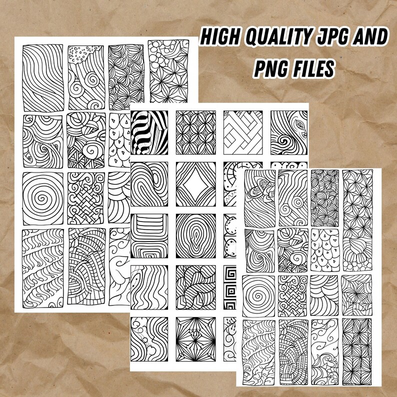 May include: A set of 36 black and white digital printable patterns. Each pattern is a square with a different intricate design. The patterns are perfect for coloring, crafts, and digital design.