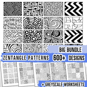 May include: A large bundle of 600+ Zentangle patterns, featuring black and white designs. The bundle includes grayscale worksheets for coloring and practicing Zentangle art.