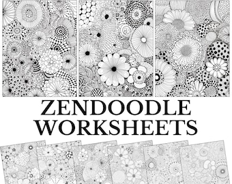 May include: Black and white Zendoodle worksheets featuring intricate floral and abstract patterns. The image includes a variety of designs, with the text "Zendoodle Worksheets" displayed prominently. The image also includes download options for PNG, JPG, and PDF formats.