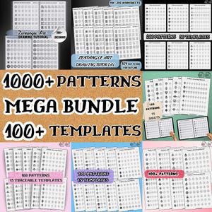 May include: A collection of Zentangle art drawing tutorials and templates. The image features multiple pages with various patterns and designs, including the text "1000+ PATTERNS MEGA BUNDLE 100+ TEMPLATES". The designs are in black and white.