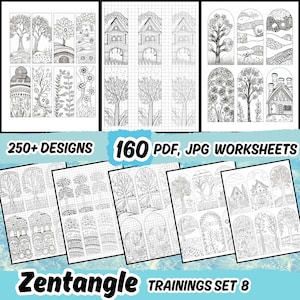 Op de afbeelding: Een set van 160 printbare Zentangle-trainingsbladen. De bladen bevatten een verscheidenheid aan ontwerpen, waaronder bomen, huizen en bloemen. De tekst "250+ DESIGNS" en "160 PDF, JPG WORKSHEETS" is zichtbaar bovenaan de afbeelding. De tekst "Zentangle TRAININGS SET 8" is zichtbaar onderaan de afbeelding.