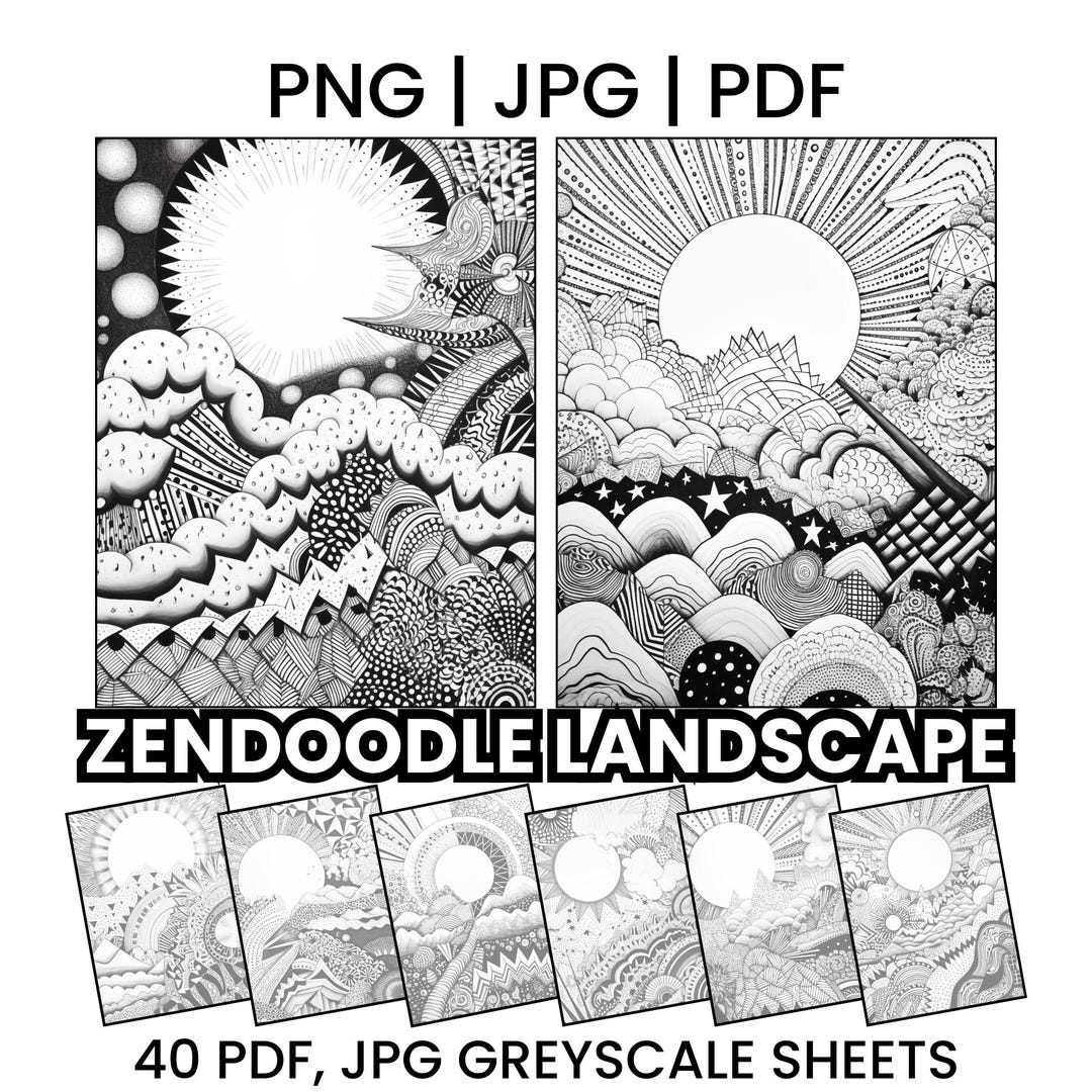 Zentangle Landscape Templates | 40 Zendoodle Practice Sheets | Relaxing ...