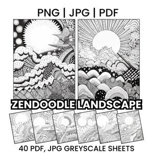 Op de afbeelding: Zwart-wit Zendoodle landschapskunstafdrukken. De afbeelding bevat twee gedetailleerde tekeningen van zonnen, wolken en bergen. De tekst "PNG | JPG | PDF" en "ZENDOODLE LANDSCAPE" worden weergegeven. De afbeelding toont ook 40 PDF-, JPG-grijswaardenvellen.