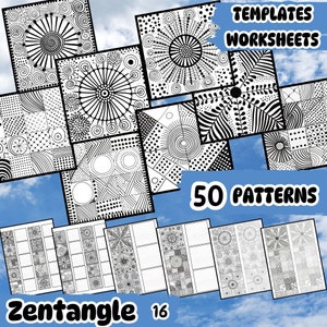 Op de afbeelding: Zwart-witte Zentangle-sjablonen en werkbladen met 50 patronen. De afbeelding toont 16 afzonderlijke vierkanten met verschillende patronen en een groter beeld met 50 patronen.