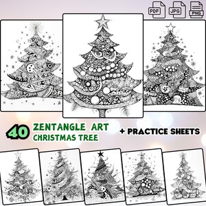 May include: A set of 40 printable Zentangle art Christmas tree coloring pages. The pages feature intricate designs and patterns that can be colored in with markers, crayons, or colored pencils.  The pages are perfect for adults and children who enjoy coloring and creating art.