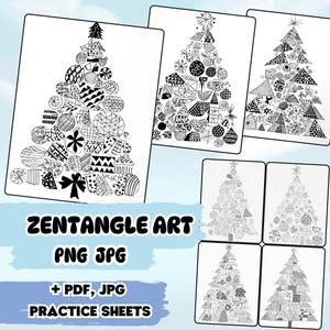 Könnte beinhalten: Schwarz-Weiß-Zentangle-Kunst-Übungsblätter mit Weihnachtsbaum-Designs. Jeder Baum besteht aus verschiedenen Mustern und Formen. Das Bild enthält den Text "Zentangle Art PNG JPG + PDF, JPG Practice Sheets".