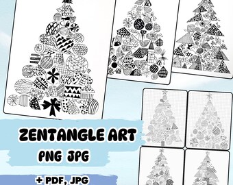 Könnte beinhalten: Schwarz-Weiß-Zentangle-Kunst-Übungsblätter mit Weihnachtsbaum-Designs. Jeder Baum besteht aus verschiedenen Mustern und Formen. Das Bild enthält den Text "Zentangle Art PNG JPG + PDF, JPG Practice Sheets".