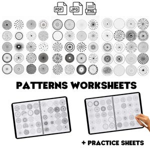 Può includere: Fogli di lavoro con motivi in bianco e nero con vari disegni circolari. L'immagine include icone di tipo di file PDF, JPG e PNG. Il testo "PATTERNS WORKSHEETS" viene visualizzato, insieme a "+ PRACTICE SHEETS". Vengono mostrati due quaderni con esempi di motivi.