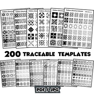 May include: A collection of black and white pattern drawing templates. The image displays multiple sheets with various geometric designs, including squares, diamonds, and crosses. The text "200 TRACEABLE TEMPLATES" is prominently displayed, along with "PDF / JPG".